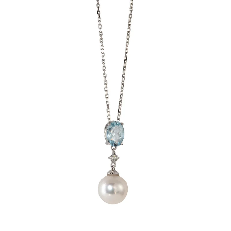 Discounted Jewelry For A Glamorous Look Freshwater Pearl, Aquamarine & Diamond 14K White Gold Necklace